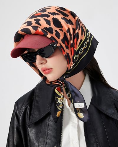 AWAYTR 27.5” Square Satin Head Scarf Hair Scarf for Women's Hair Silk Bandana for Women Silk Head Wrap for Sleeping - color: Leopard (Oil Green)