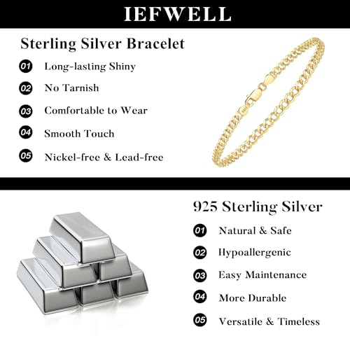 IEFWELL S925 Sterling Silver 14K Real Gold Plated Bracelet Hypoallergenic 4mm Diamond Cut Cuban Link 6.5 7 7.5 8 8.5 9 Inches for Men Women Jewelry Gifts - color: 14K-Gold-Plated, size: 6.5 Inch-Women's X-Small