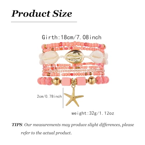 Boho Summer Bracelets for Women, Layered Beach Bracelets Set with Starfish Shell Pearl Charms, Colorful Beaded Bohemian Stackable Jewelry, Elastic Vacation Accessories Summer Outfit Jewelry - color: A2：Pink Bracelet