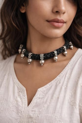 athizay Boho Charm Thread Choker Necklace – Braided Bohemian Choker with Oxidized Silver Dangle Charms | Handmade Boho Jewelry for Women - color: Black, Silver