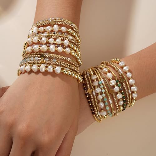 4pcs Gold Beaded Pearl Bracelets Set for Women Multi Layer Versatile Stackable Stretch Cuff Sparkly Stone Crystal Gemstone Jewelry Birthday Gifts - color: Green Agate
