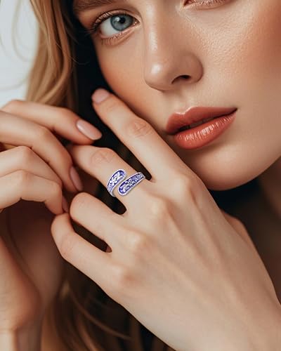 Vintage 14K Gold Plated and Silver Spoon Ring – Adjustable Ring with Carving Design for Women, Unique Boho Open Ring for Gift - color: Silver & Blue