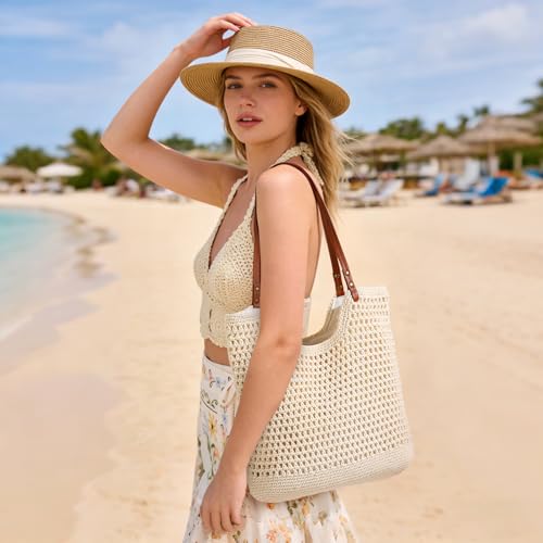 Sightor Crochet Beach Bag, Woven Tote Bag Summer Boho Bag Travel Casual Shoulder Bag for Summer Vacation - color: Beige