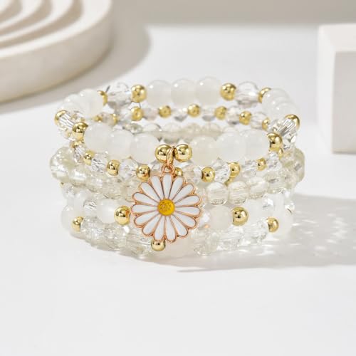 LOTSOF Boho Flower Beaded Bracelet Set for Women - Multilayer Crystal & Flower Charm Stackable Bracelets, Fashion Jewelry Gift for Her - color: White