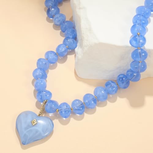 Elegance 11 designs Chunky Heart Necklace for Women, Colorful Acrylic Beaded Statement Puff Heart Necklace, Cute Boho Y2K Choker Necklace for Gift Jewelry - color: Transparent blue