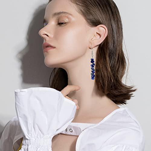 Handmade Bohemian Vintage Silver Nature Stone Beads Long Dangle Drop Earrings for Women - color: Navy Black