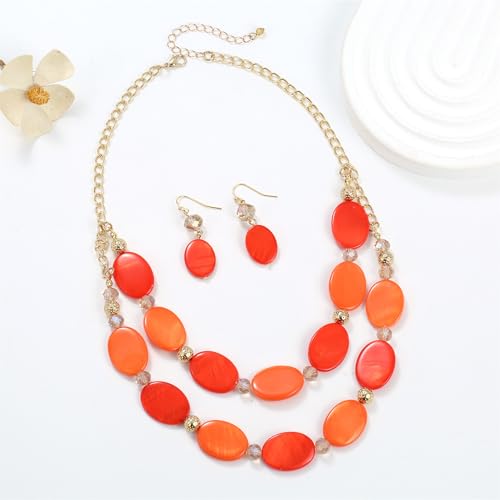 2 Layered Chunky Beaded Shell Necklace for Women Sea Shell blue/yellow/red/green/turquoise/teal/white Statement Necklace and Earring Set Elegant Women Necklace Set Jewelry Sets for Women - color: Orange