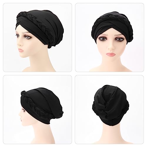 African Women Turban Caps Beanie Pre-Tied Twisted Braids Headwraps for Women Head Scarf Chemo Cancer Headwear Cap - color: 3 Pack Twisted Braid: Gold Bead (Black/Coffee)/Black