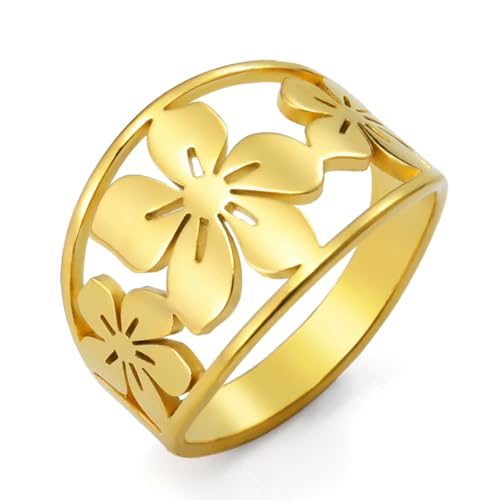 TEAMER Bohemian Hollow Flower Ring Stainless Steel Rhinestone Flower Ring Wedding Band Ring Exquisite Jewelry for Women - color: Gold