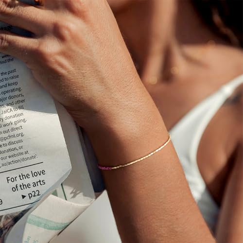 MYEARS Women Beaded Bracelet Gold Gemstone 14K Simple Dainty Handmade Chain Everyday Boho Beach Jewelry - style: Ruby