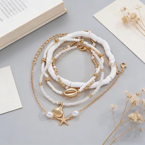 Starfish Seashell Ankle for Women ，14K Gold Bead Handmade Adjustable Plated Boho Shell Anklet ， Foot Chain Jewelry for Summer Beach Vacation - color: Starfish 5Pcs