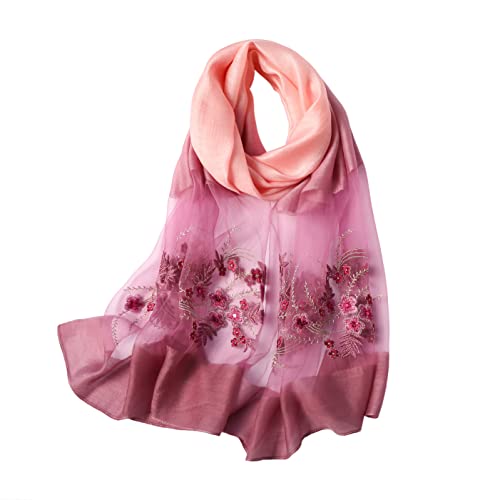 WINCESS YU Women Mulberry Silk Scarf Long & Large Embroidered Floral Pattern Shawl and Wraps Neckerchief for Hair & Neck - color: Gradient Pink