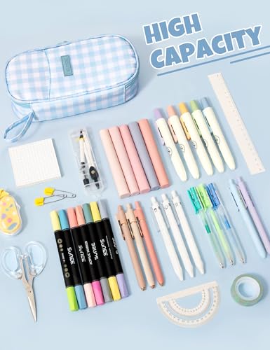 SUNEE Cute Pencil Case, Aesthetic Pen Pouch, Colored Large Pencil Bag with Zipper, Kawaii Stationery Storage and Organizer, School Supplies for Teen and Adult Girls, Blue Checkered - color: Blue Checkered