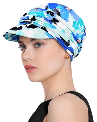 Chemo Headwear Viscose Newsboy Cap for Women Summer Hats - color: Blue Ink Flowers