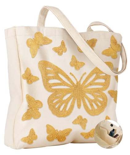 Miss Adola Embroidery Tote Bag with Pocket & Buckle - Reusable Canvas Tote for Women Cute Aesthetic Work Shopping Grocery Bag - style: Butterfly