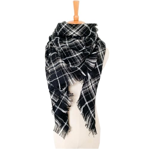 Wander Agio Womens Warm Long Shawl Winter Wraps Large Scarves Knit Cashmere Feel Plaid Triangle Scarf - color: Fichu Black Grey 39