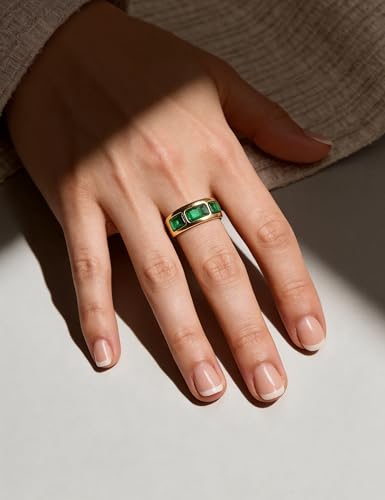 Wide Dome Band Bold Ring Chunky Green Zircon Cocktail Ring Stackable Statement Jewelry for Women Size 7