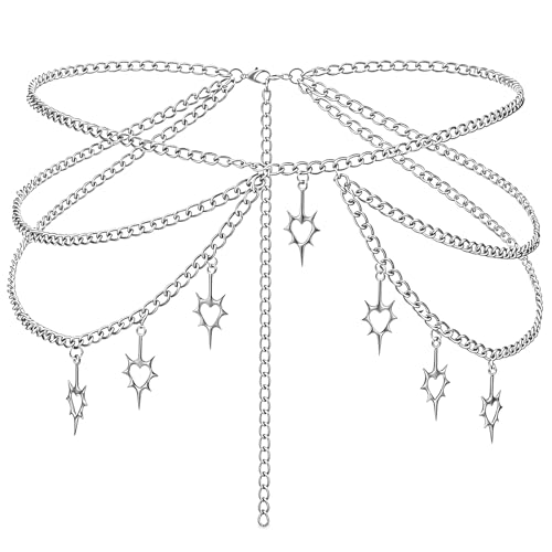 Star Waist Chain Belt for Women Punk Gothic Crossover Body Belly Chains Tassel Adjustable Metal Plus Size Waist Chain Fashion Decorative Accessories for Jeans Dresses Girls Gifts