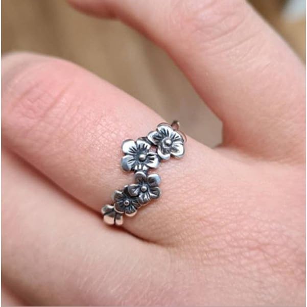 Vintage Blooming Wild Floral Ring Index Finger Ring Retro Daisy Flower Hawaiian Vine 925 Sterling Silver 4 Plumeria Flowers Wedding Band Ring for Women Boho Ring Jewelry Gift 8# - size: 8#