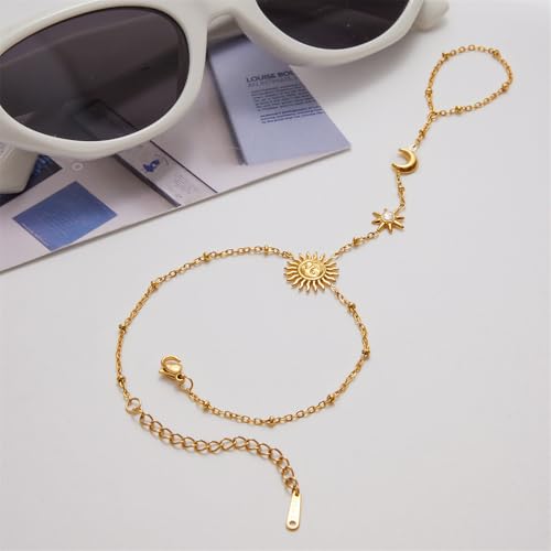 Dainty CZ Moon Sun Star Hand Chain Ring Bracelet for Women Stainless Steel 18k Gold Plated Trendy Adjustable Chain Linked Stackable Finger Ring Bracelet Fashion Jewelry
