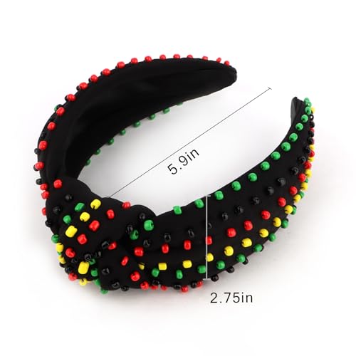 YISSION Juneteenth Beaded Knotted Headband for Women Girls - Red Green Yellow Black Rasta Colors Wide Turban Headband, Top Knot Fashion Hair Accessories for Holiday Party Everyday Wear - color: Red,Black,Green,Yellow