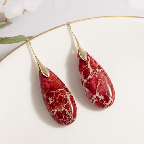 SELOVO Stone Fishhook Dangle Drop Earrings Statement Earrings for Women Stone - color: Red-Gold Color Hook