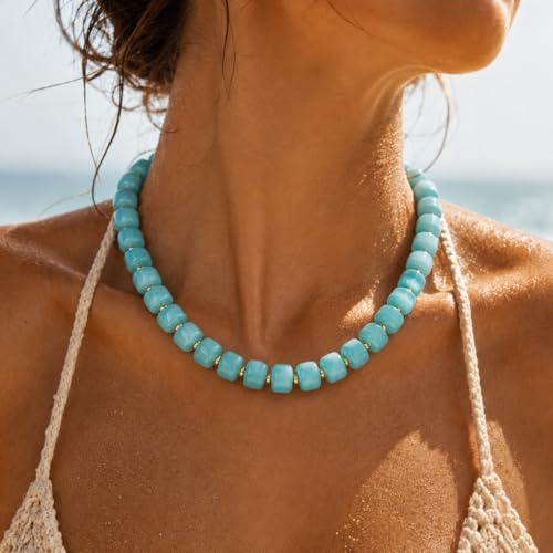 Chunky Beaded Starfish Shell Necklace for Women Colorful Boho Summer Chain Choker Beach Necklace with Acrylic Beads Trendy Chunky Jewelry Gifts - color: Blue