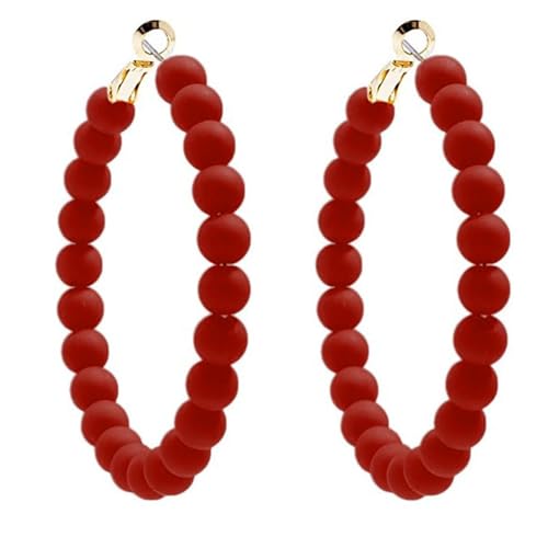 Bohemian Colorful Acrylic Resin Matte Beads Round Circle Hoop Drop Dangle Minimalist Chic Lightweight Earrings for Women Boho Geometric Beaded Statement Jewelry - color: red