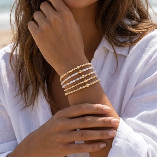 14K Gold Plated Beaded Bracelets Stack Set for Women,Stretch Boho Colorful Beads Ball Jewelry Friendship Summer Trendy - color: White