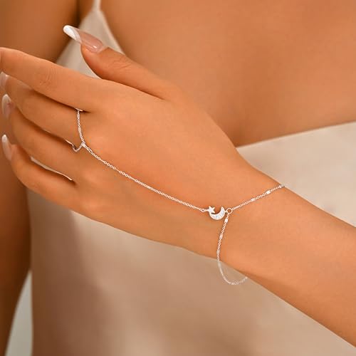 925 Sterling Silver Hand Chain Bracelet for Women,Non Tarnish 14k Gold Plated CZ Crystal Heart Starburst Ring Bracelets Hand Chain Dainty Diamond Layered Stackable Link Chain Beach Waterproof Graduation Wedding Gifts - color: SilverE