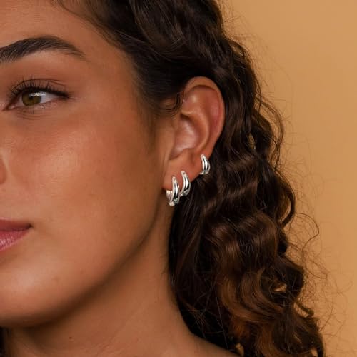 Poxtex Small Sterling Silver Huggie Hoop Earrings Set for Women, Hypoallergenic 14K Gold Plated Hoops Stacks for Multiple Piercings, Dainty Cute Mini Lightweight Cartilage Studs Trendy Jewelry Gift - color: Silver-chunky hoops 8 10 12