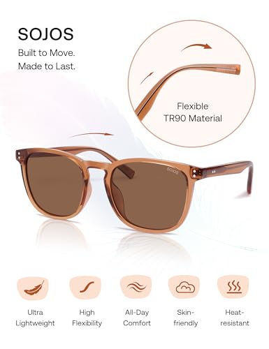 SOJOS Unisex Rounded Square Polarized Sunglasses TR90 Frame UV400 Protection Lightweight Retro for Women & Men - color: Crystal Brown/Brown