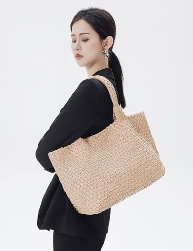 Handmade Woven Tote Bag for Women, Soft Vegan Leather Shoulder Bag with Purse, Large Travel Handbag - color: Nude-beige