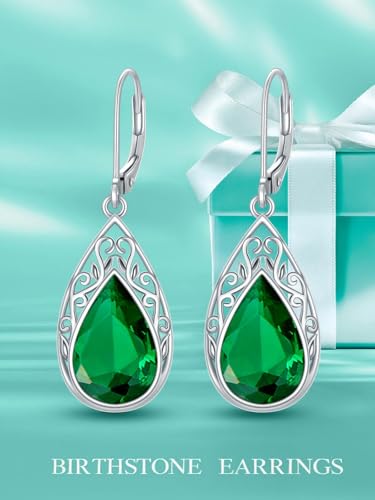 POIUY Gifts for Women Hypoallergenic Teardrop Filigree Birthstone Leverback Dangle Earrings 18K White Gold Fashion Jewelry Anniversary Wedding Birthday Gifts for Women Daughter Sister Girlfriend Wife - style: 5-May Birthstone Earrings