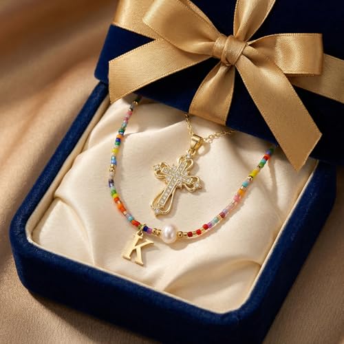 Colorful Pearl Beaded Initial Choker Necklaces for Women, Boho Handmade Personalized Seed Beads Letter Name Necklace Beach Surfer Bohemian Jewelry Gift - color: Cross K
