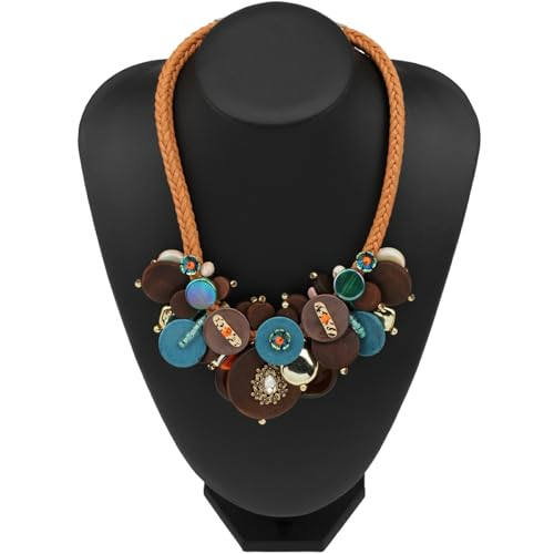 Chunky Statement Wood Pendant Necklace for Women Rope Braided Colorful Resin Stone Tribal Ethnic Bold Boho Fashion Jewelry - color: N1540-colorful