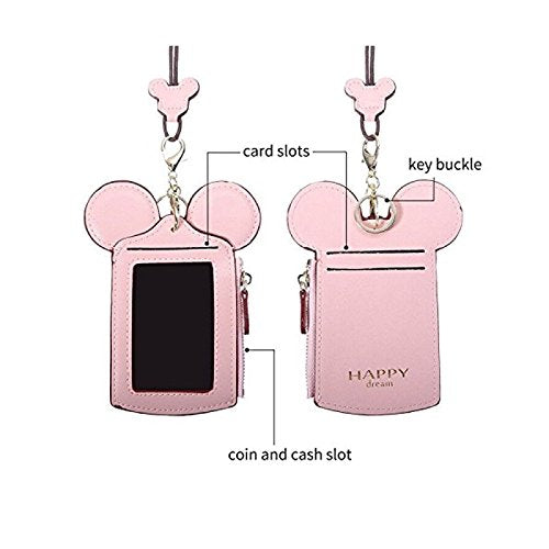 BUUFAN Chic Cute Travel PU Leather Student ID Card Holder Lanyard Neck Pouch Bag With Coin Wallet Purse for Students Women Kids Teens Girls (Pink) - color: Pink