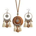 Wooden Leather Necklaces Set Bohemian Wood Stack Discs Long Chain Hemp Rope Bronze Plated Pendant Ethnic Tribal Fall Leaf Earrings Jewelry Statement Necklace - color: R-041