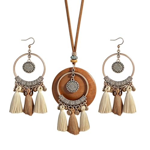 Wooden Leather Necklaces Set Bohemian Wood Stack Discs Long Chain Hemp Rope Bronze Plated Pendant Ethnic Tribal Fall Leaf Earrings Jewelry Statement Necklace - color: R-041
