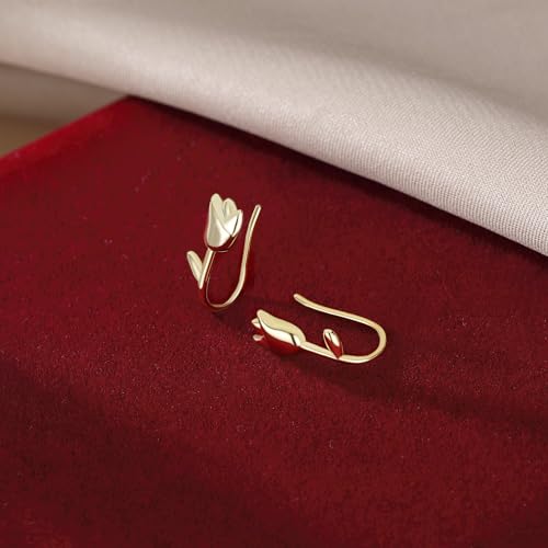 Reffeer Solid 925 Sterling Silver Flower Crawler Cuff Earrings Wraps for Women Teens Tulip Flower Wrap Earrings - color: B-Yellow