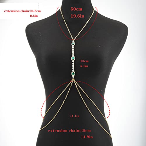 Bounzhi Rhinestone Crossover Body Chain Bra Shiny Crystal Chest Harness Bikini Body Jewelry - style: GreenRhinestone-Gold