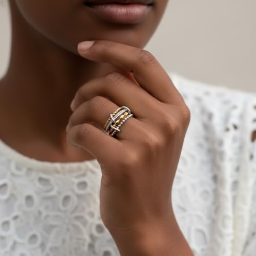 Gold Stackable Ring Set for Women Non Tarnish 316L Stainless Steel Cubic Zirconia Rings Silver Gold Multi Band Thumb Ring Mixed Metals 4 in 1 Interlocking Fashion Thin Dainty Unique Christmas Birthday Jewelry Gift