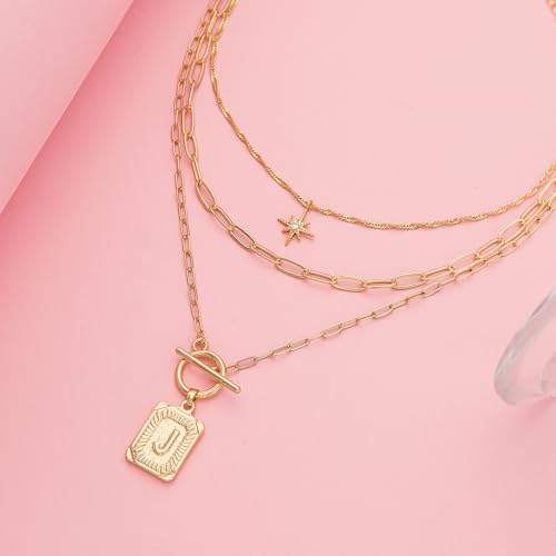 Paxuan Dainty Gold 3-Layer Personalized Initial Necklace for Women - 18K Gold Layered Letter Pendant Necklace Adjustble Paperclip Chain Choker Necklace Jewelry Gifts with Star Charm - style: Letter J