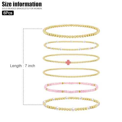 VIBILIA Gold Beaded Bracelets Set for Women 14K Gold Plated Dainty Pearl Cross Bracelet Stack Stretch Bracelet Set Fashion Accessories Gifts - color: 6P-#04-6462-Pink