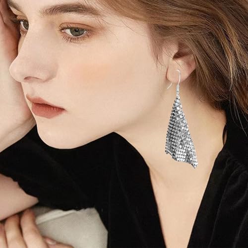 Sequin Earrings for Women Metal Mesh Grid Sequins Tassel Long Drop Dangle Earrings Trendy Charms Bridal Wedding Jewelry - color: Silver