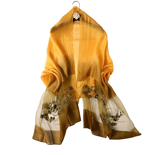 WINCESS YU Women Mulberry Silk Scarf Long & Large Embroidered Floral Pattern Shawl and Wraps Neckerchief for Hair & Neck - color: Gradient Yellow