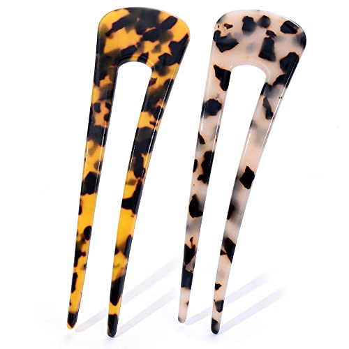 French Hair Pins Tortoise Shell French Hair Forks U Shaped French Pins 2 Prong Hair Sticks Acetate Chignon Pin for Women Hairstyle Accessories 2 Pack - color: french hair pin 2 pack