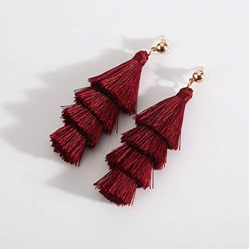 BaubleStar Tassel Earrings Handmade Tiered Thread Tassel Dangle Earrings, Multi Colors - color: Burgundy