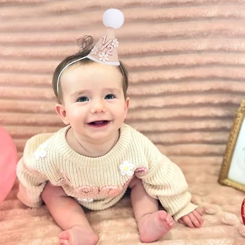 Daisy 1/2 Birthday Cone Hat - Bohemian 6 Months Birthday Decorations,Spring Flower Party Crown Photo Props - color: 1/2 Brithday