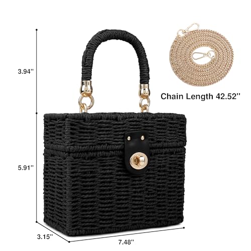 Handwoven Rattan Bag for Women Wicker Crossbody Shoulder Bag Straw Beach Tote Bag Top Handle Satchel Handbag with Chain Strap - color: Black
